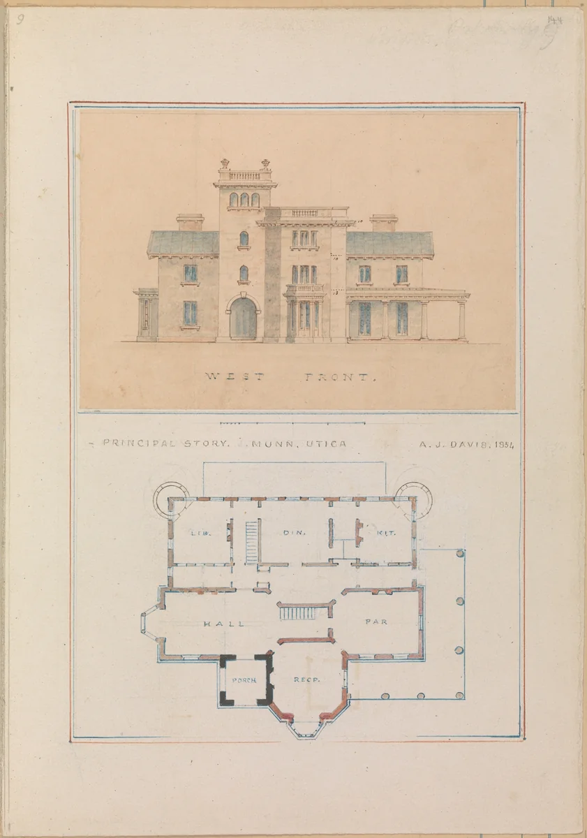 West Front and Principal Floor Plan of John Munn House, Utica, New York by Alexander Jackson Davis, drawing, 1854