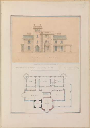 West Front and Principal Floor Plan of John Munn House, Utica, New York by Alexander Jackson Davis, drawing, 1854