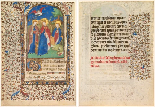 Leaf from a Book of Hours: Sts. Geneviève, Catherine of Alexandria, and Margaret (recto) and Text (verso) by Boucicaut Master, manuscript, 1410-1420