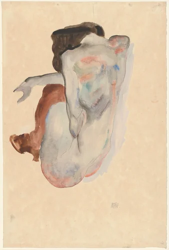 Crouching Nude in Shoes and Black Stockings, Back View by Egon Schiele, drawing, 1912