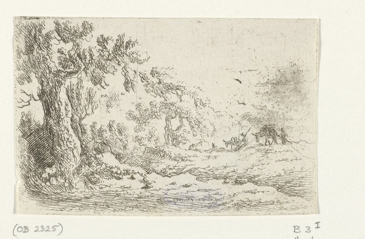 Landschap met twee ezehoeders by Jan van Ossenbeeck, print, 1647-1674