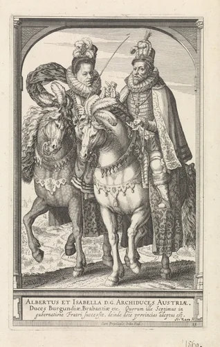 Dubbel ruiterportret van Albertus en Isabella, aartshertog en aartshertogin van Oostenrijk by Unknown, print, 1591-1632