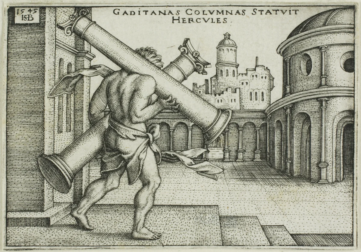 Hercules and Columns of Gaza, from The Labors of Hercules by Sebald Beham, print, 1545