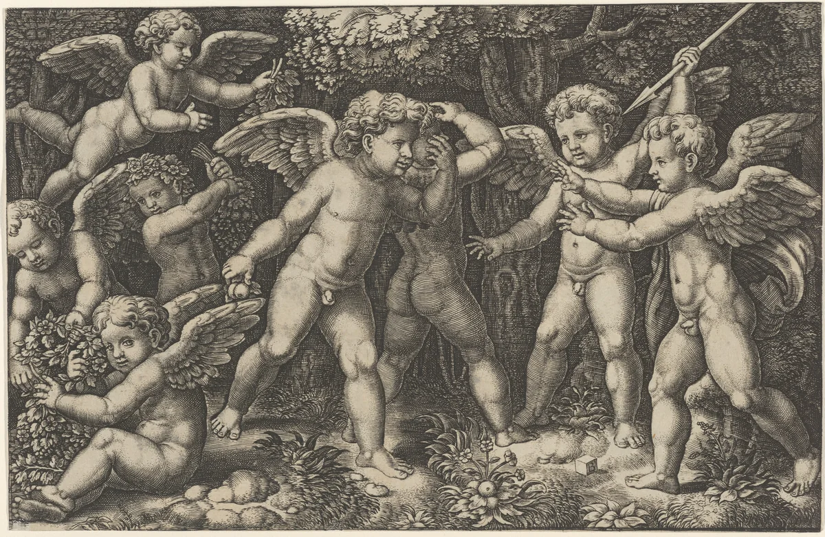Eight putti playing by Master of the Die, print, 1530-1560