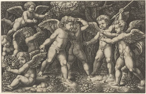 Eight putti playing by Master of the Die, print, 1530-1560