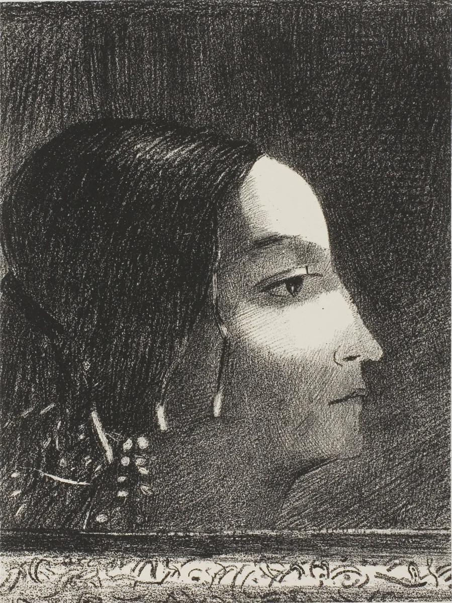 Dramatic and Grandiose with Her Face like that of a Druid Priestess by Odilon Redon, print, 1887