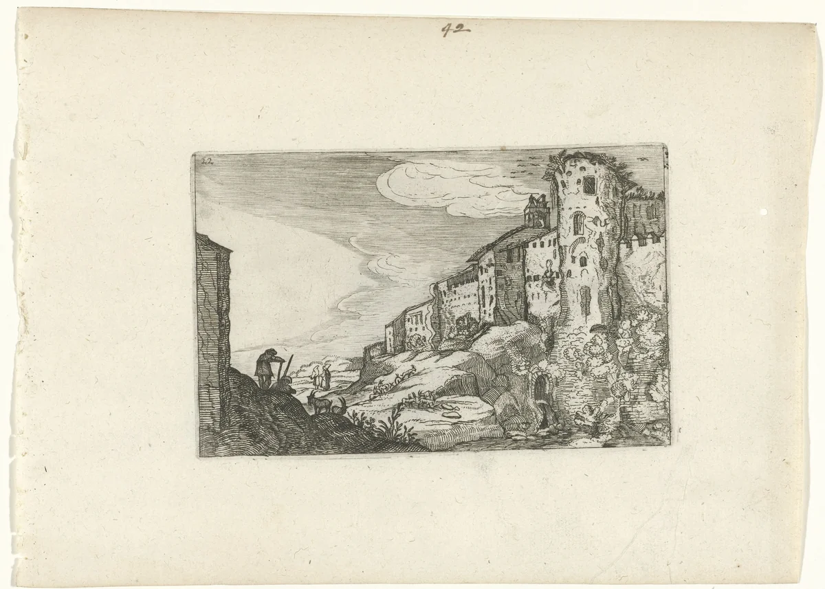 Landschap met Romeinse ruïne by anonymous, print, 1594-1685