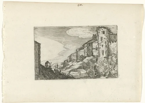 Landschap met Romeinse ruïne by anonymous, print, 1594-1685
