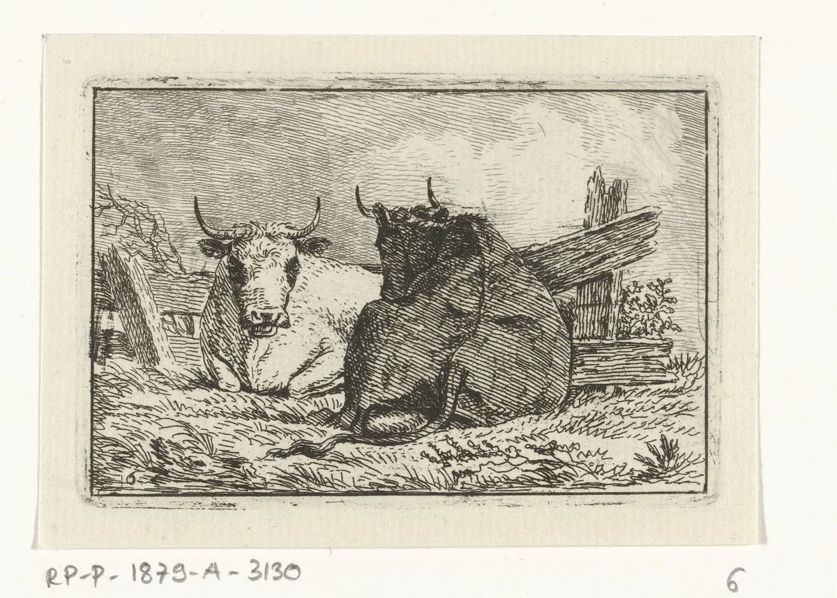 Donkere en witte liggende koe by Anthony Oberman, print, 1796-1845