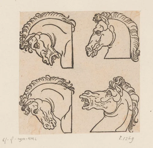 Modellen voor vier hoofden van paarden by anonymous, print, 1565