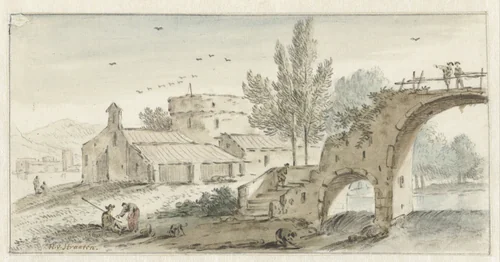 Italianate Landscape with a Stone Bridge by Hendrik van der Straaten, drawing, 1685-1689