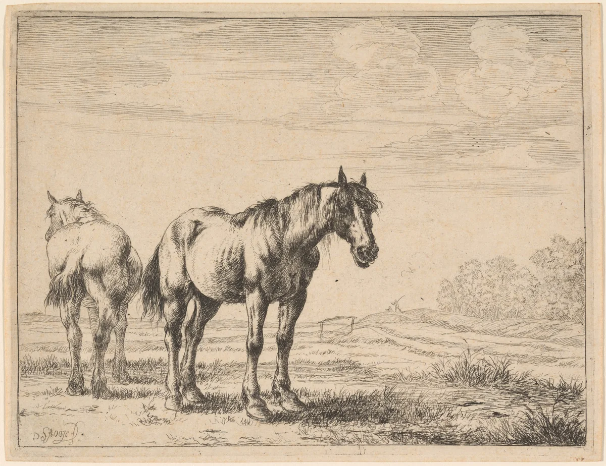 Two Plow Horses Standing in a Field by Dirck Stoop, print, 1651
