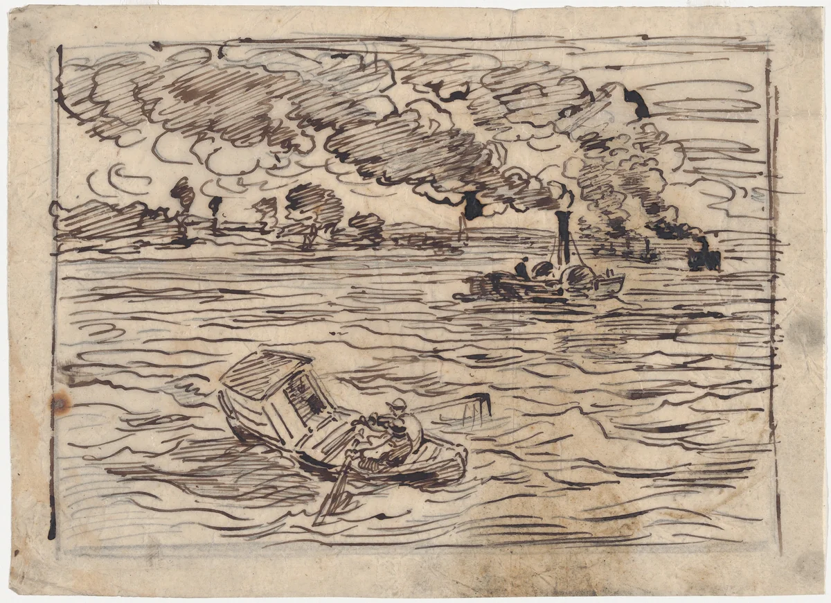 The Steamboats or Watch Out for the Steamers by Charles-François Daubigny, drawing, 1862