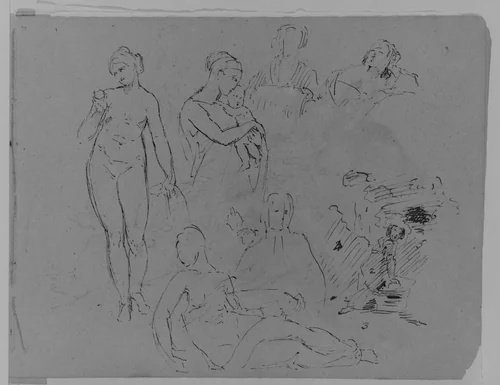 Seven Figure Sketches: Standing Female Nude with Fruit; Madonna and Child (?); Two Female Busts; Recumbent Semi-nude Figure, etc. (from Sketchbook) by Thomas Sully, artwork, 1810-1820