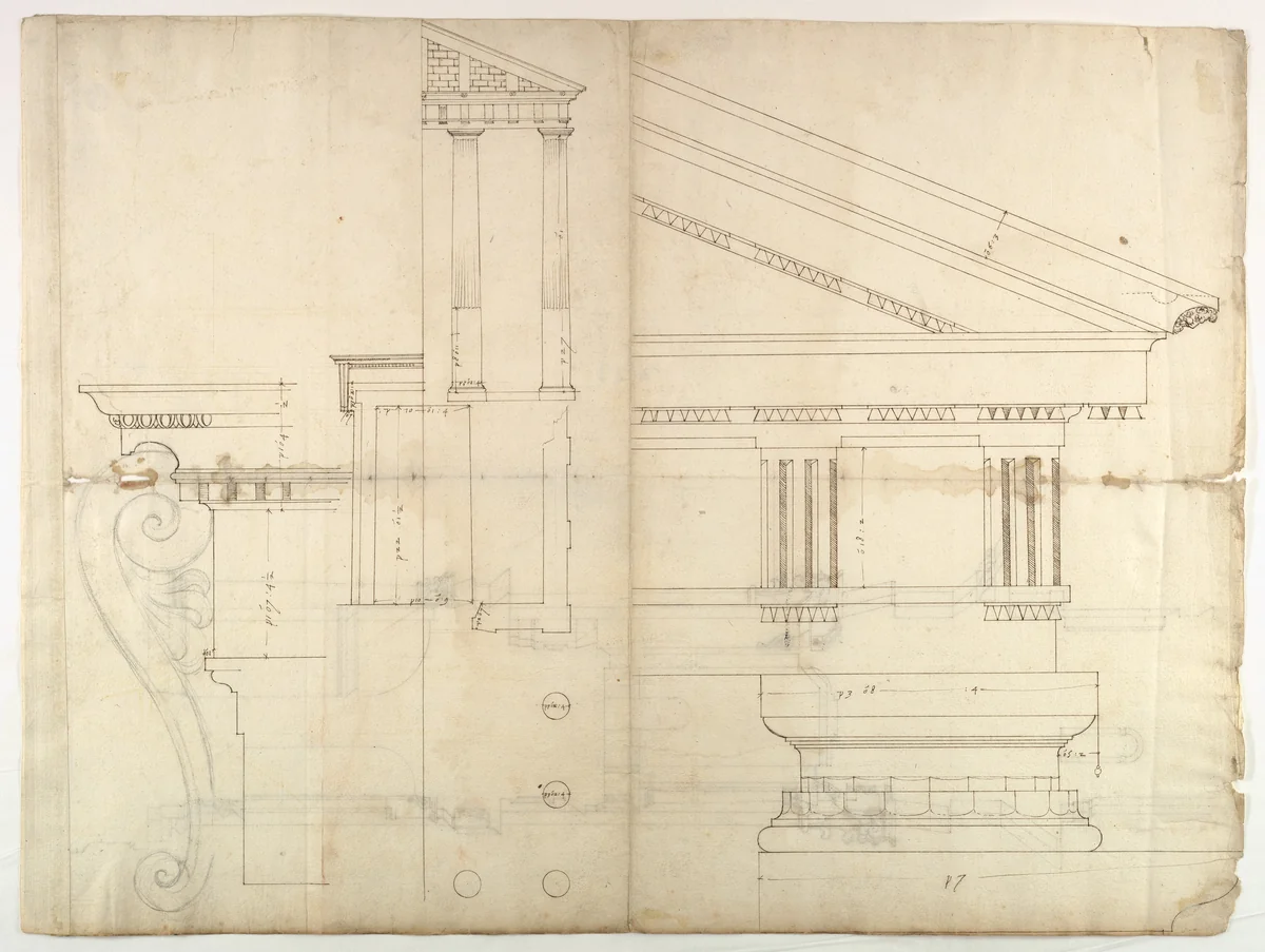 Temple of Hercules, Cori, plan, elevation; portal, details; Doric order, details (recto) St. Peter's, drum, section (verso) by anonymous, drawing, 1500-1560