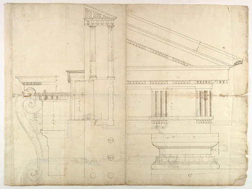 Temple of Hercules, Cori, plan, elevation; portal, details; Doric order, details (recto) St. Peter's, drum, section (verso) by anonymous, drawing, 1500-1560