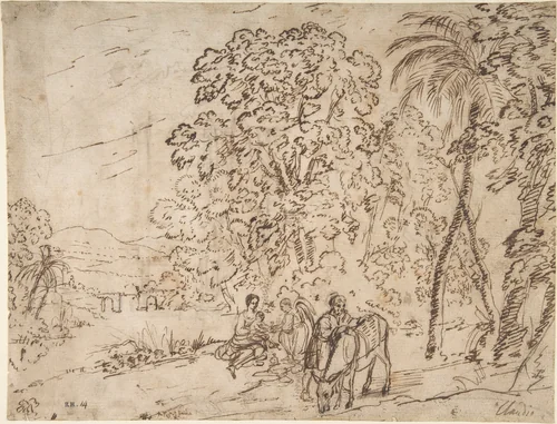 The Rest on the Flight into Egypt (recto); The Arch of Titus, Camp Vaccino (verso) by Claude Lorrain, drawing, 1615-1682