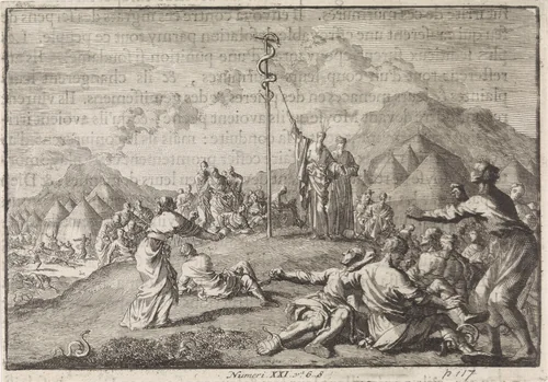 Oprichting van de koperen slang by Jan Luyken, print, 1703-1762