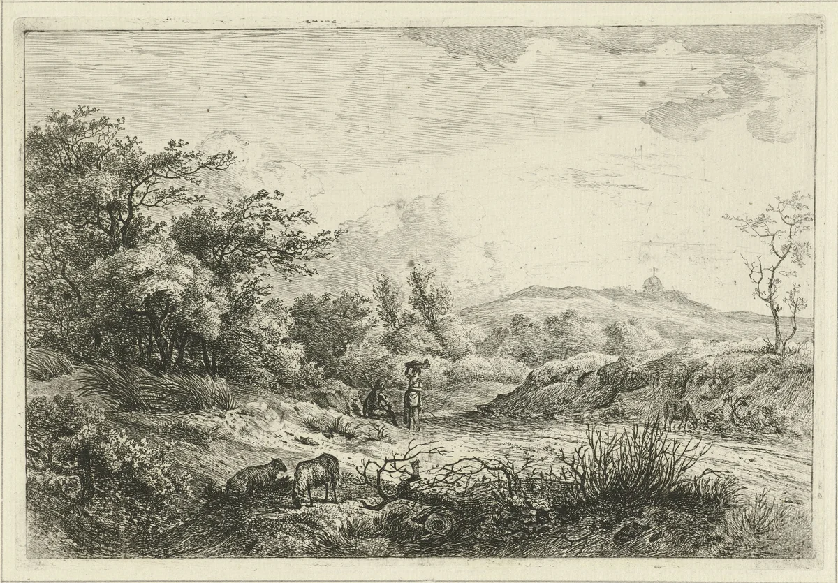 Landschap met herder en vrouw by Hermanus Fock, print, 1781-1822