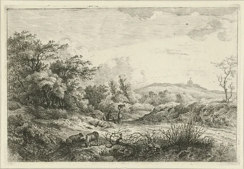 Landschap met herder en vrouw by Hermanus Fock, print, 1781-1822