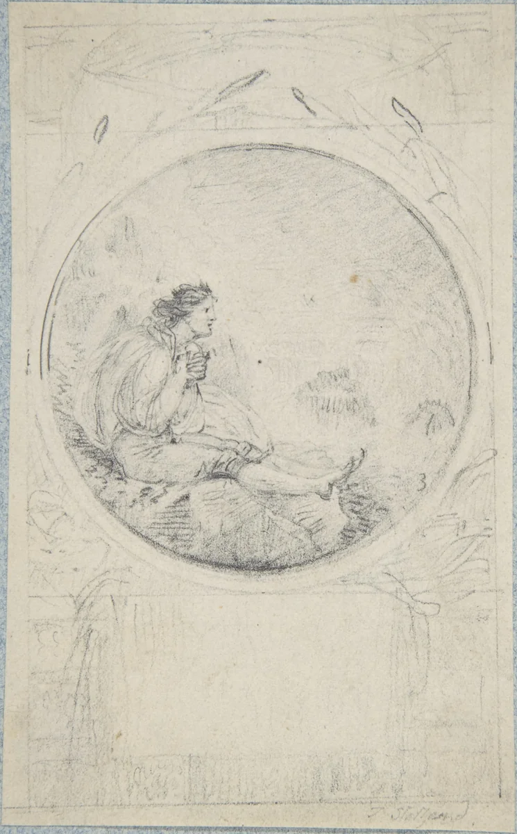 Seated man in circular medallion (design for a book illustration) by Thomas Stothard, drawing, 1770-1834