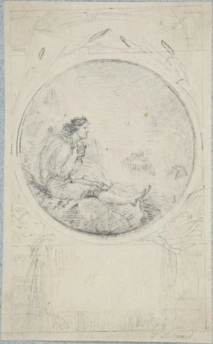 Seated man in circular medallion (design for a book illustration) by Thomas Stothard, drawing, 1770-1834