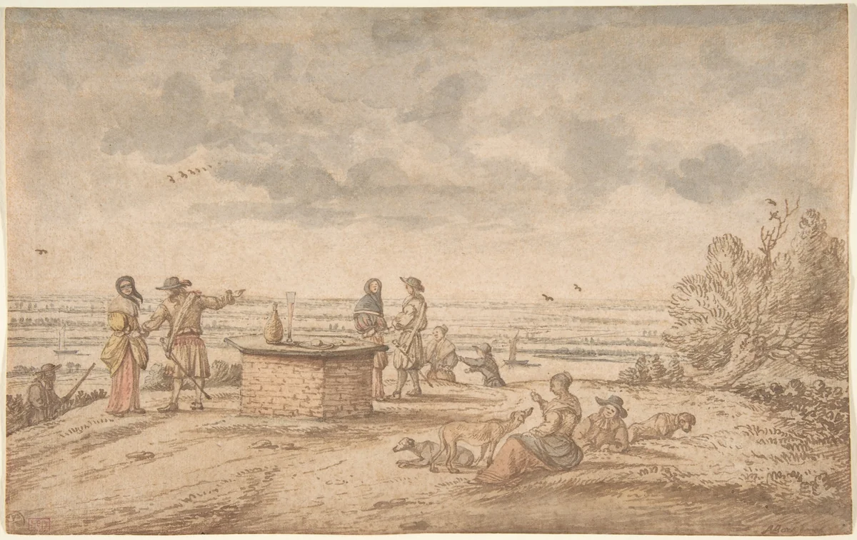 Elegant Party on the Tafelberg by Anthonie van Borssom, drawing, 1624-1677