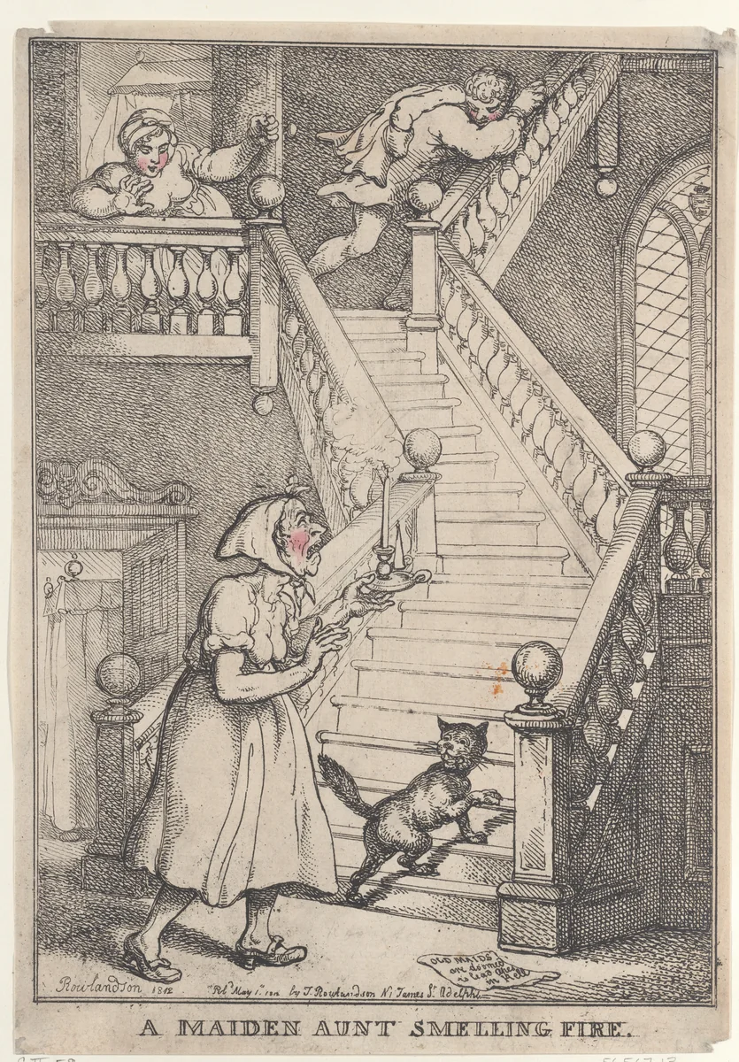 A Maiden Aunt Smelling Fire by Thomas Rowlandson, print, 1806-1812