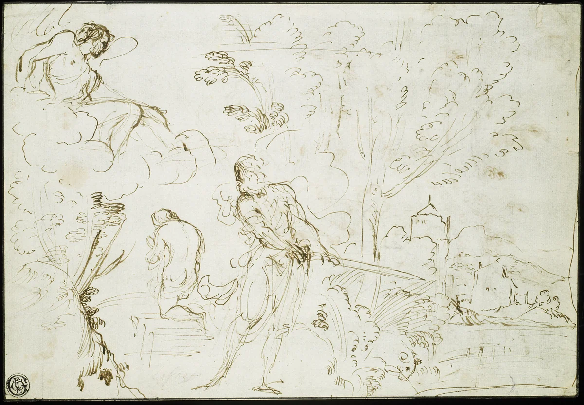 Sacrifice of Isaac (recto); Jacob's Dream (verso) by Giovanni Francesco Barbieri, drawing, 1613-1620