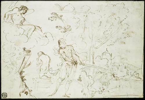 Sacrifice of Isaac (recto); Jacob's Dream (verso) by Giovanni Francesco Barbieri, drawing, 1613-1620