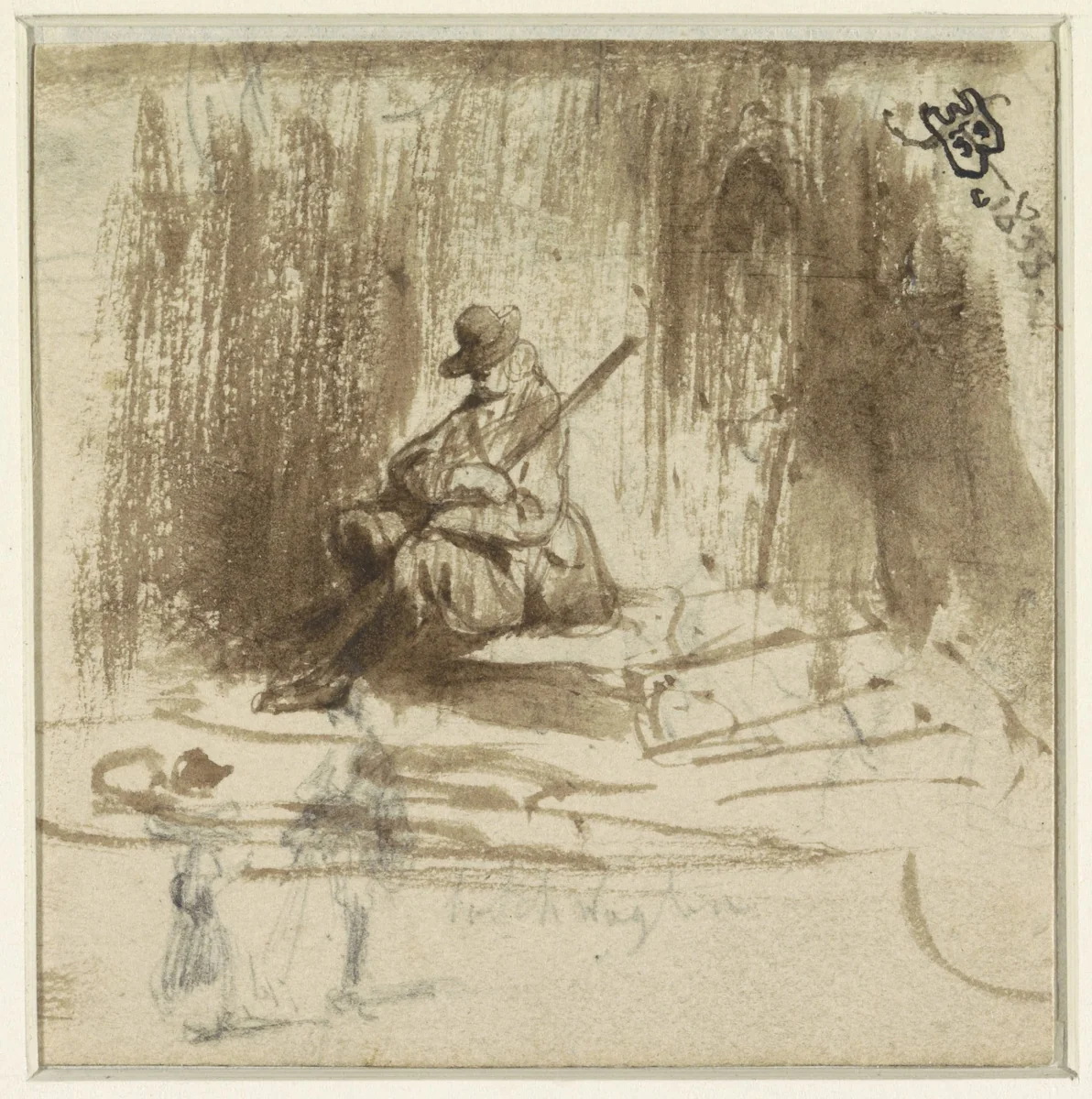 Schetsen van een zittende man en twee staande figuurtjes by Eugène François de Block, drawing, 1838