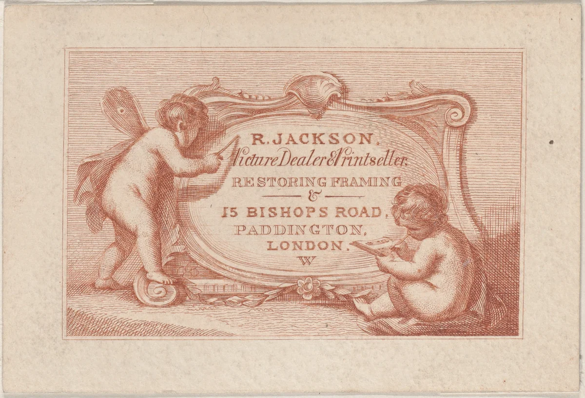 Trade Card for Robert Jackson, Picture Dealer, Printseller, and Restorer by anonymous, print, 1800-1900