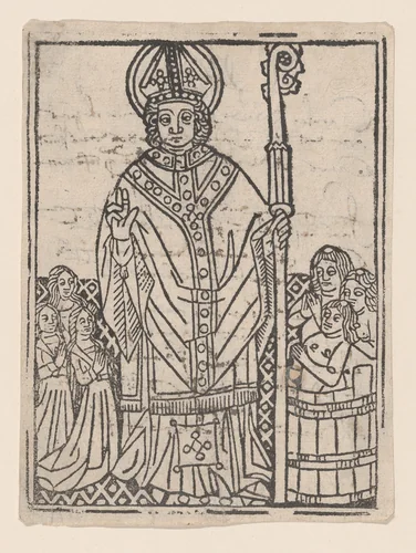 Saint Nicholas of Myra flanked by praying figures by anonymous, print, 1455-1475