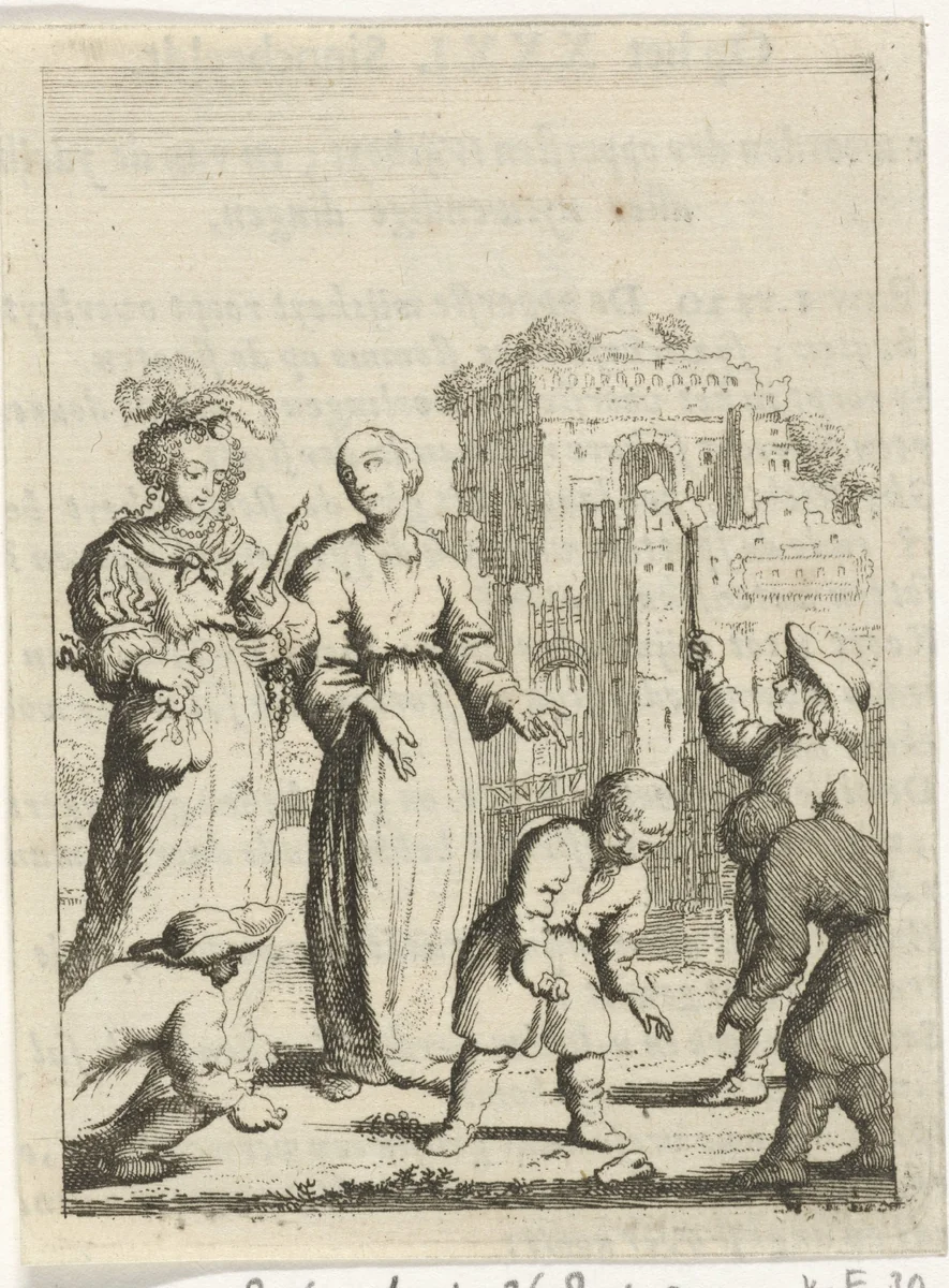Gepersonifieerde ziel en ijdelheid aanschouwen spelende kinderen by Jan Luyken, print, 1678-1687