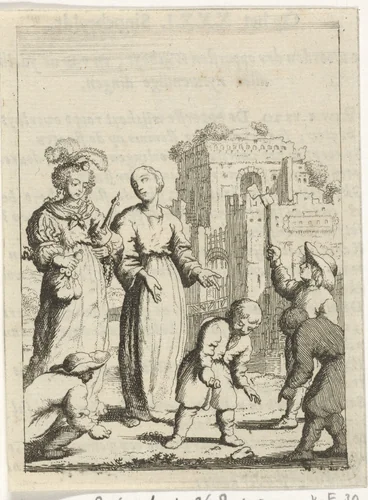 Gepersonifieerde ziel en ijdelheid aanschouwen spelende kinderen by Jan Luyken, print, 1678-1687