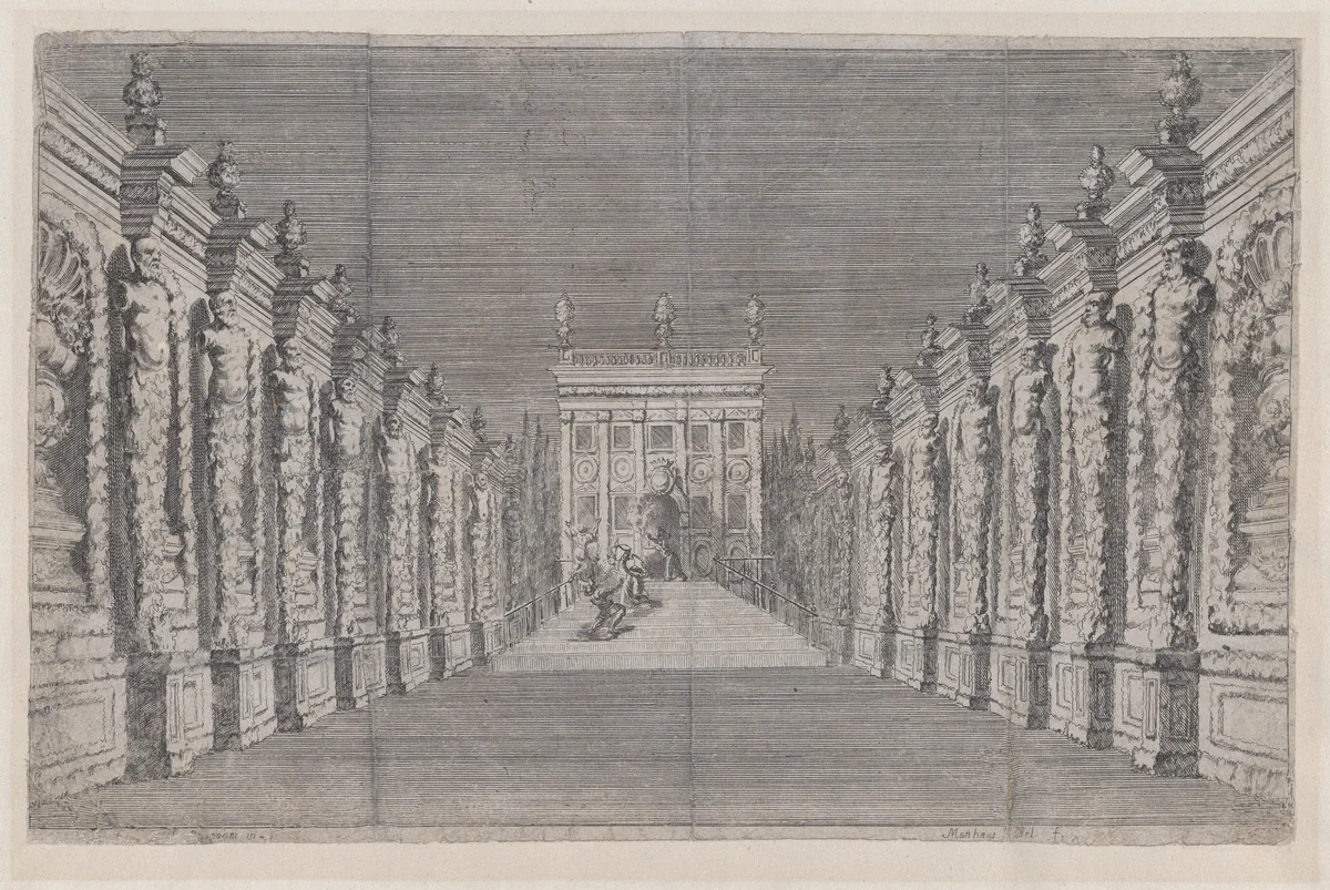 Theatrical scene with four figures on a staircase in the distance, two of which are engaged in a brawl by Mathäus Küsel, print, 1655-1682