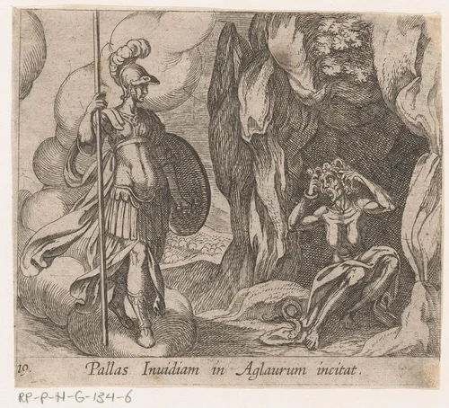 Minerva bij grot van Nijd by Antonio Tempesta, print, 1606-1638