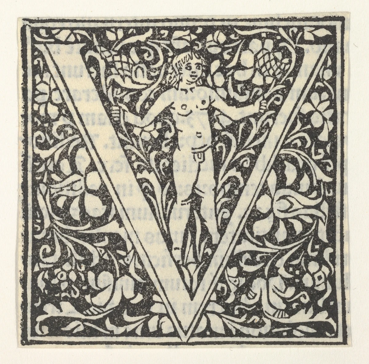 Initial letter V with putto by anonymous, print, 1496