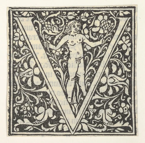 Initial letter V with putto by anonymous, print, 1496