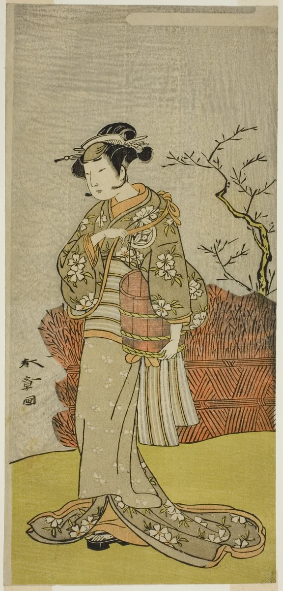 The Actor Yamashita Kinsaku II as Osaku (?) in the Play Onna Aruji Hatsuyuki no Sekai, Performed at the Morita Theater in the Eleventh Month, 1773 by Katsukawa Shunsho (勝川 春章), print, 1768-1778