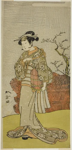The Actor Yamashita Kinsaku II as Osaku (?) in the Play Onna Aruji Hatsuyuki no Sekai, Performed at the Morita Theater in the Eleventh Month, 1773 by Katsukawa Shunsho (勝川 春章), print, 1768-1778