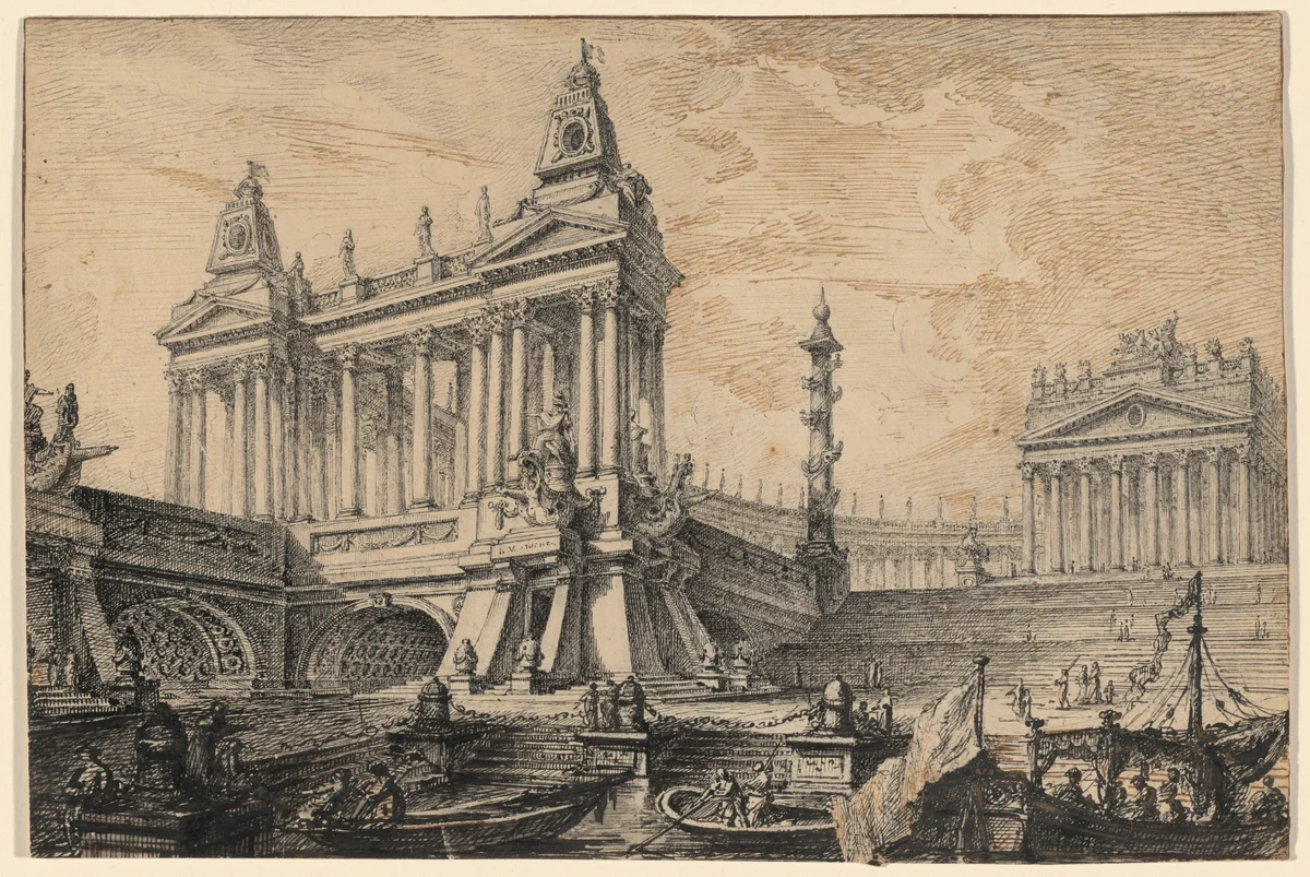 Architectural Fantasy of a Magnificent Ancient Port by Pierre Moreau, drawing, 1682-1762