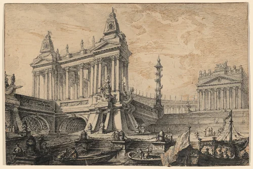 Architectural Fantasy of a Magnificent Ancient Port by Pierre Moreau, drawing, 1682-1762