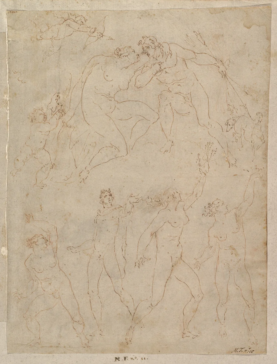 Studies for Apollo and Daphne, Zeus and Juno, Orpheus and Eurydice and other figures (recto and verso) by Giovanni Ambrogio Figino, drawing, 1560-1608