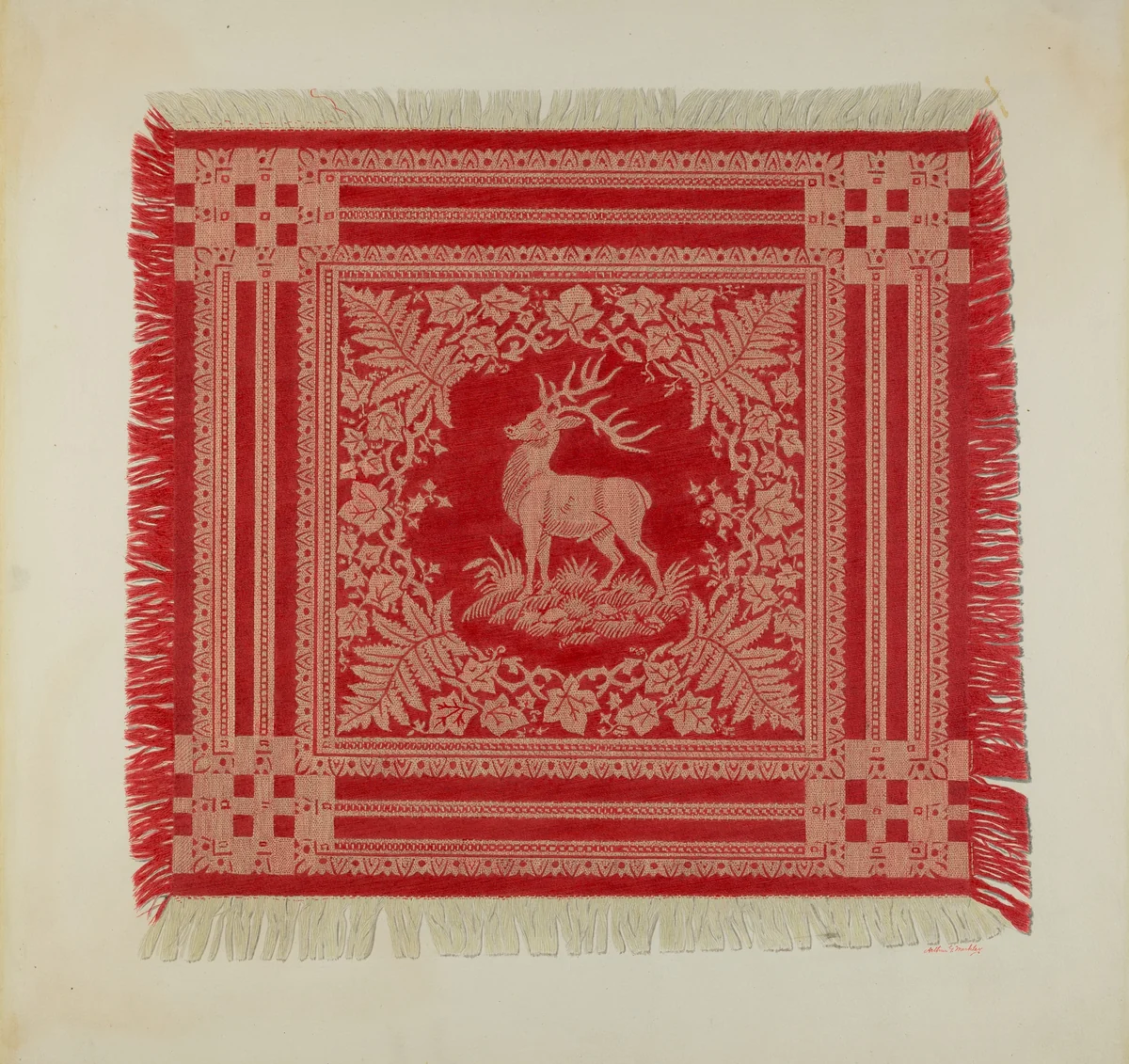 Red and White Napkin (Deer Design) by Arthur G. Merkley, index of american design, 1935-1942