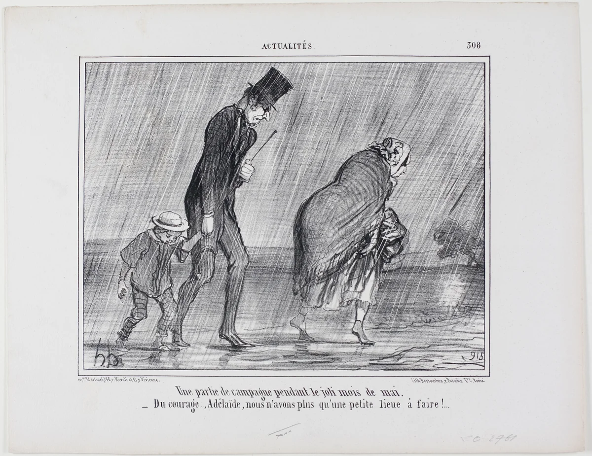 A country excursion during the beautiful month of May. “– Courage... Adelaïde it's just another league to go,” plate 308 from Actualités by Honoré-Victorin Daumier, print, 1856