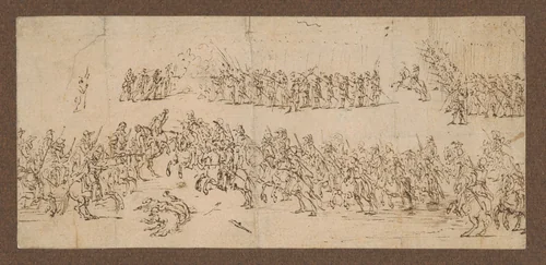 Charges van voetvolk en ruiterij by Jacques Callot, drawing, 1602-1635