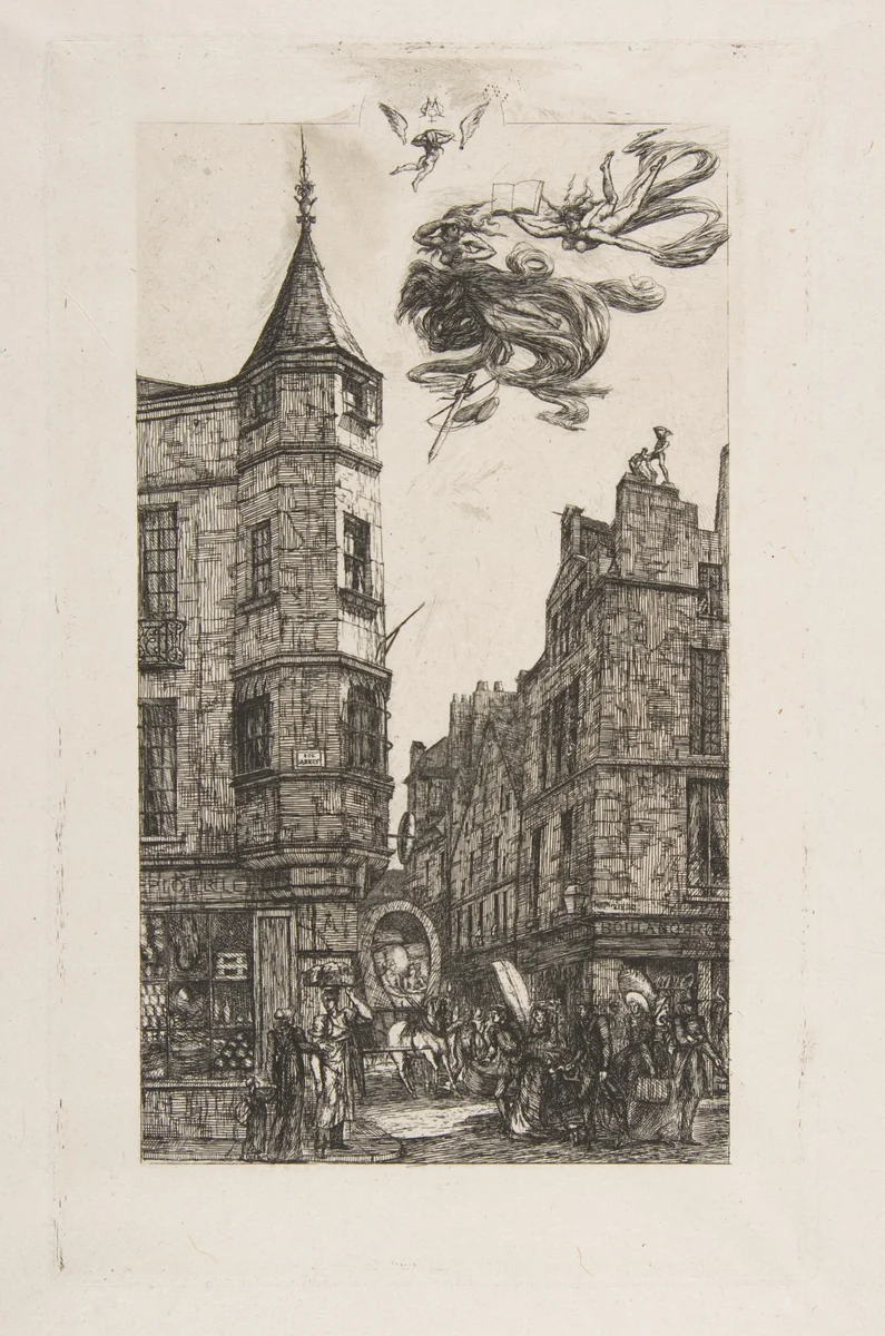 Tourelle Rue de l'Ecole de Médecine, 22 (House with a Turret, No 22, rue de l'Ecole de Médecine, Paris) (called the Turret of Marat) by Charles Meryon, print, 1861-1870