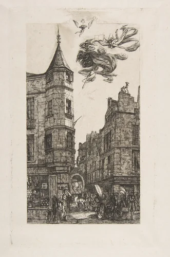 Tourelle Rue de l'Ecole de Médecine, 22 (House with a Turret, No 22, rue de l'Ecole de Médecine, Paris) (called the Turret of Marat) by Charles Meryon, print, 1861-1870