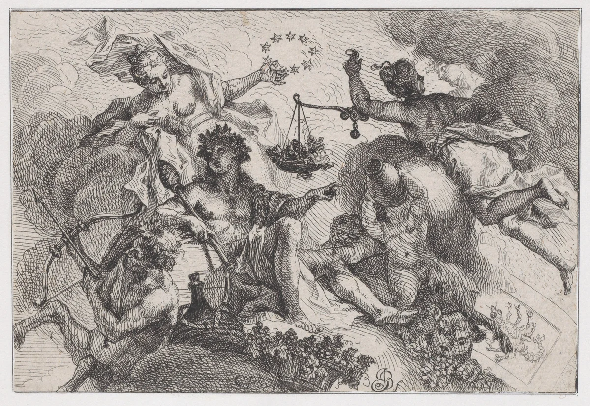 Summer: allegorical scene with figures seated on clouds with bunches of grapes by Johann Georg Bergmüller, print, 1705-1762